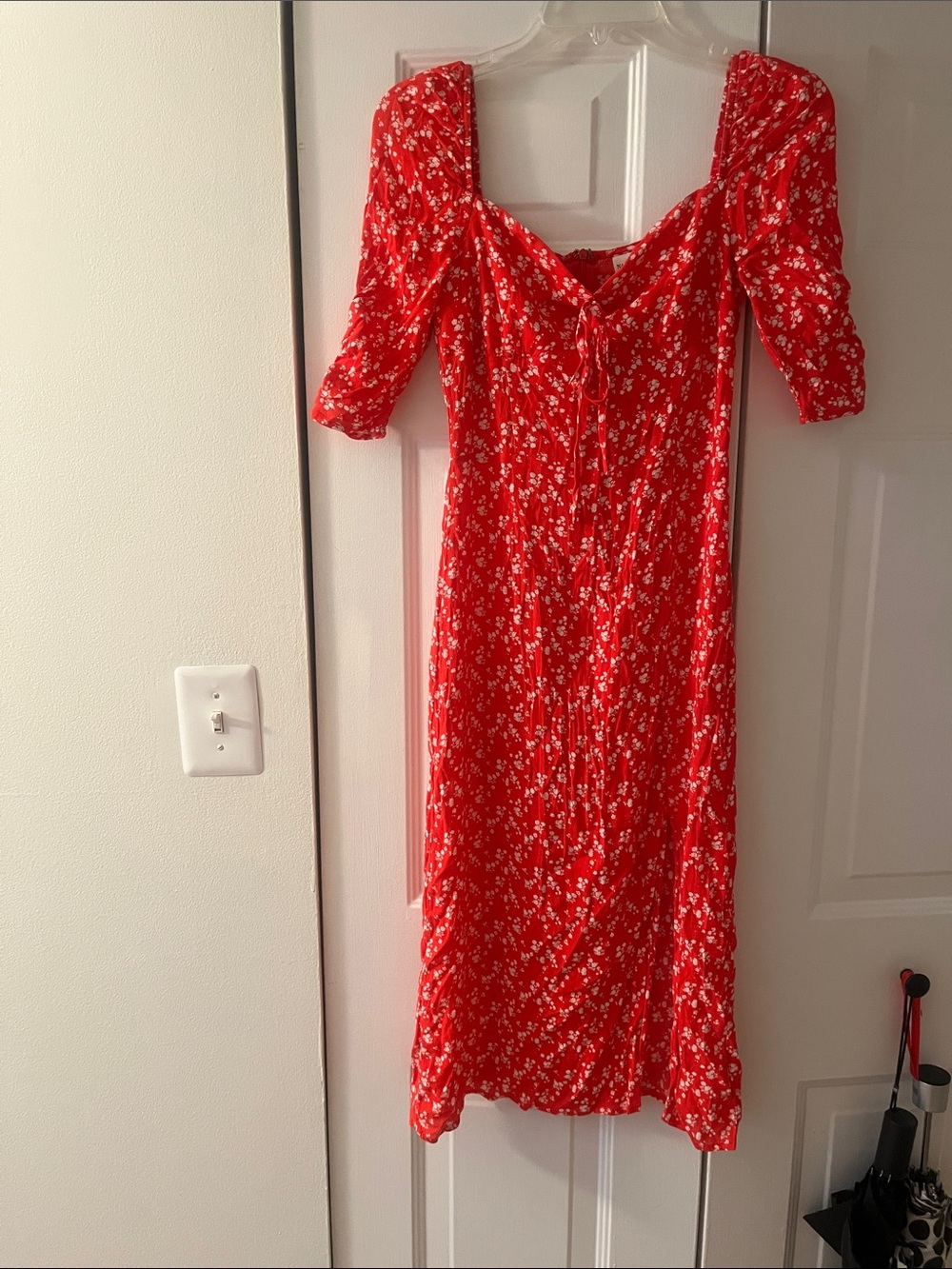 Urban Outfitters Red Floral Midi Dress with Puff Sleeves